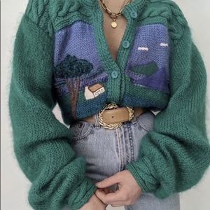 Vintage Novelty Cottagecore Farmscape Wool Cardigan